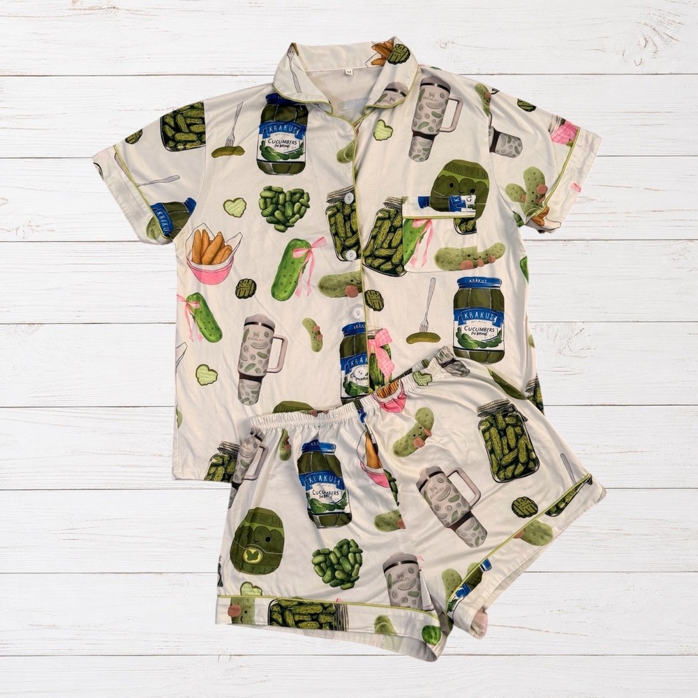 Pickle Pajama Set White Green Button Up Shorts Pickle Print Womens M